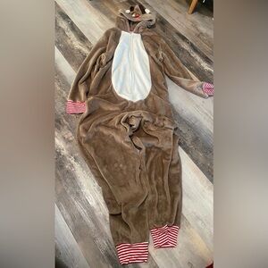 Christmas Reindeer adult Brown Fleece one piece with Red Striped Cuffs